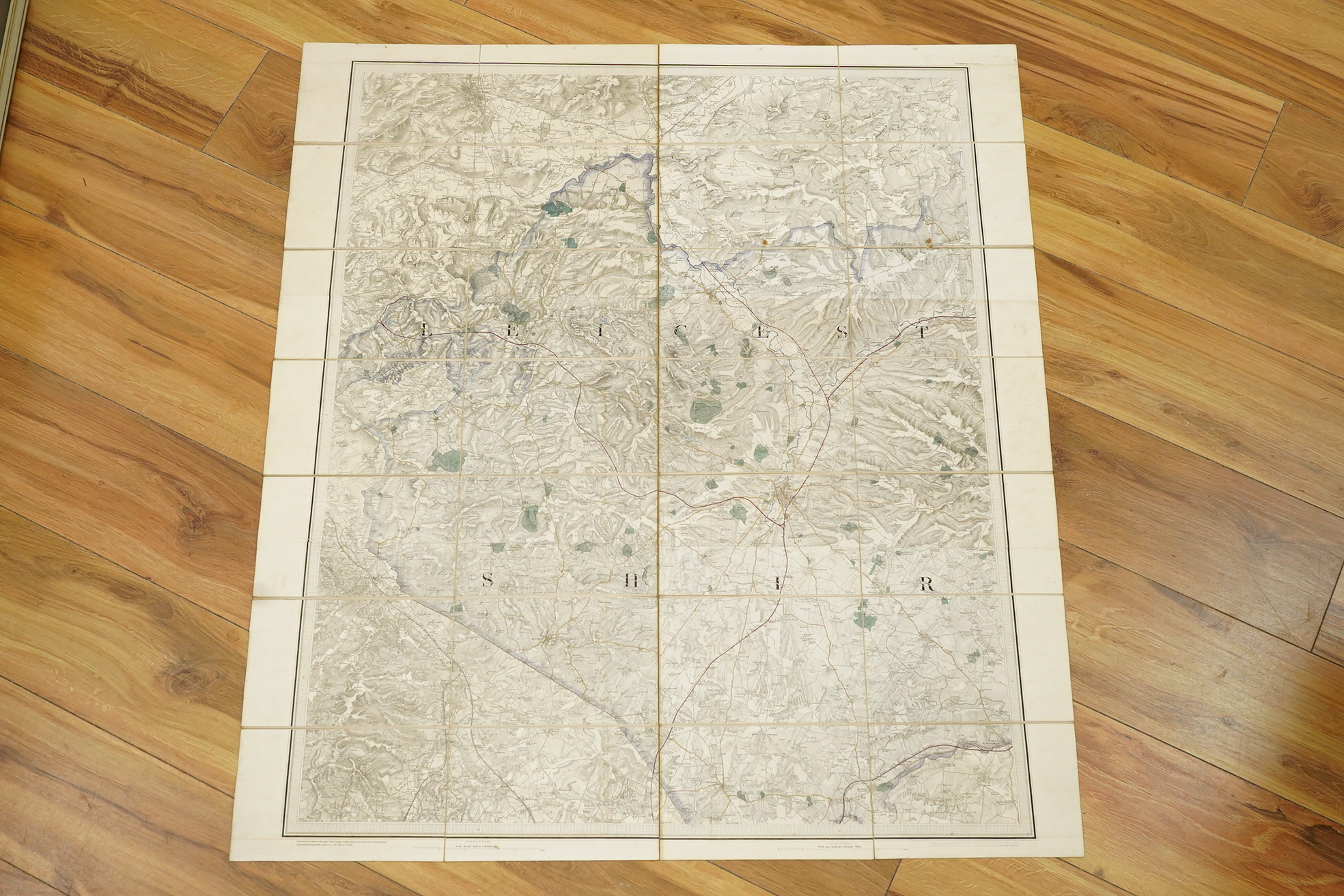 An 1850/60s Ordnance Survey of England and Wales for the County of Leicestershire, comprising of a set of five engraved maps mounted on linen; sheet no.s; 53, 62, 63, 64, 70 and 71, engraved by Benjamin Baker, and publis